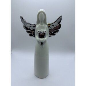 Ceramic Angel Figurine With Silver Wings & Heart Design